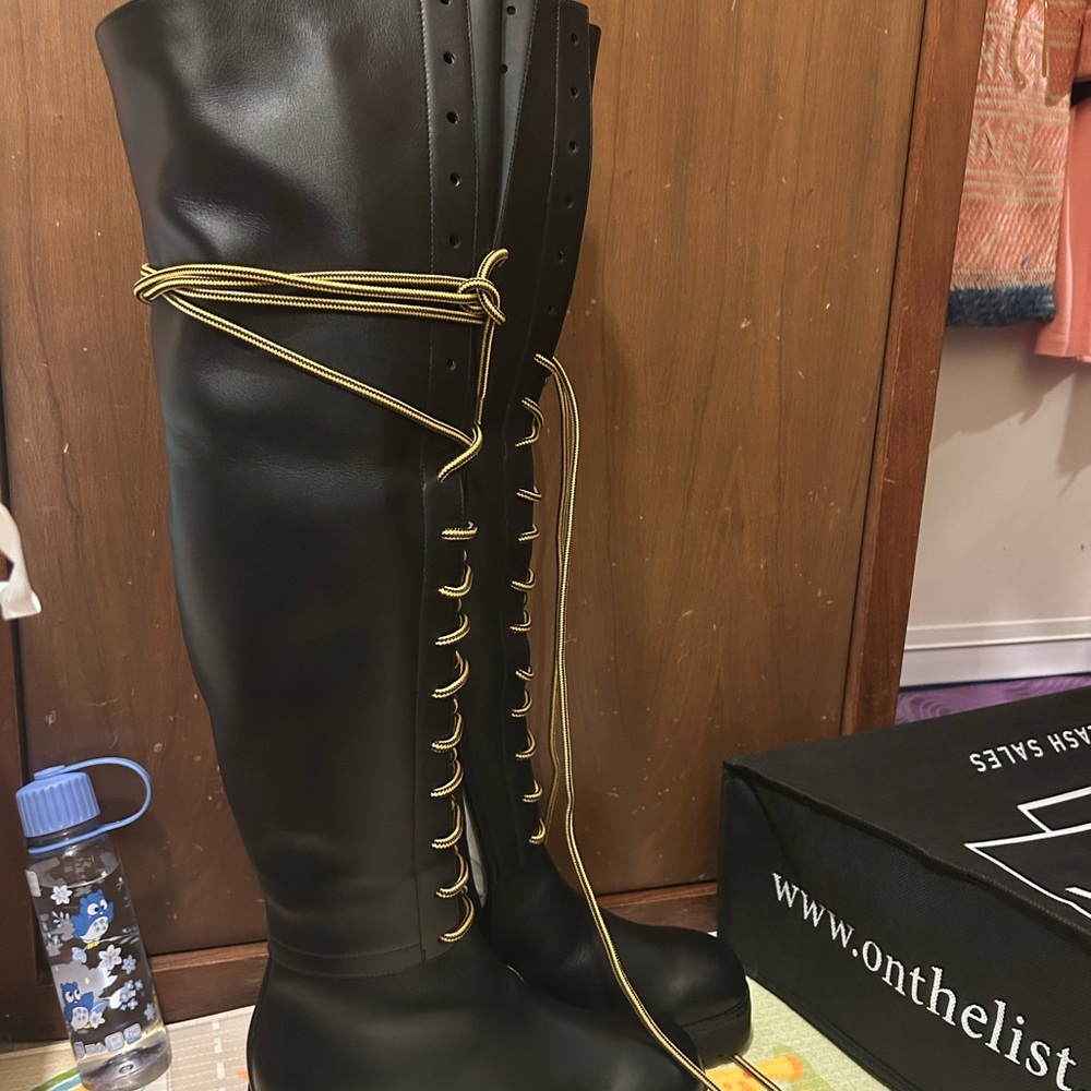 Dior Black Tall over knee Lace-Up Rain Boots with Gold Trim